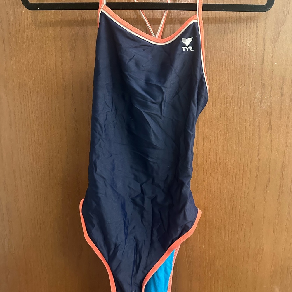 TYR Navy and Blue Swimsuit with Coral Trim